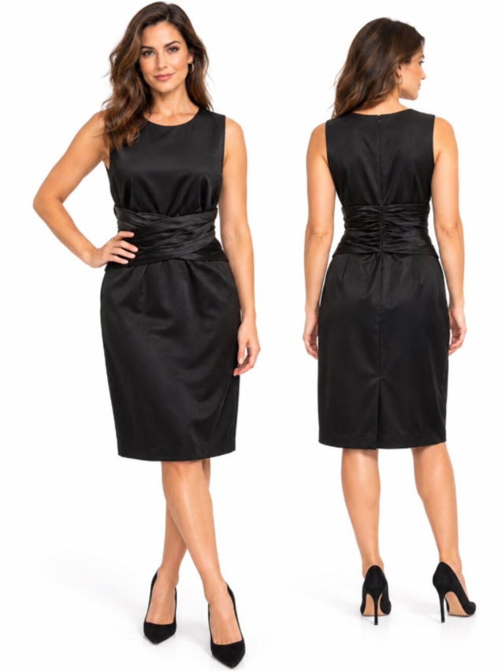 Mexx Black Satin Ruched Sheath Dress Size 12 Chic Classic Quiet Luxury Work